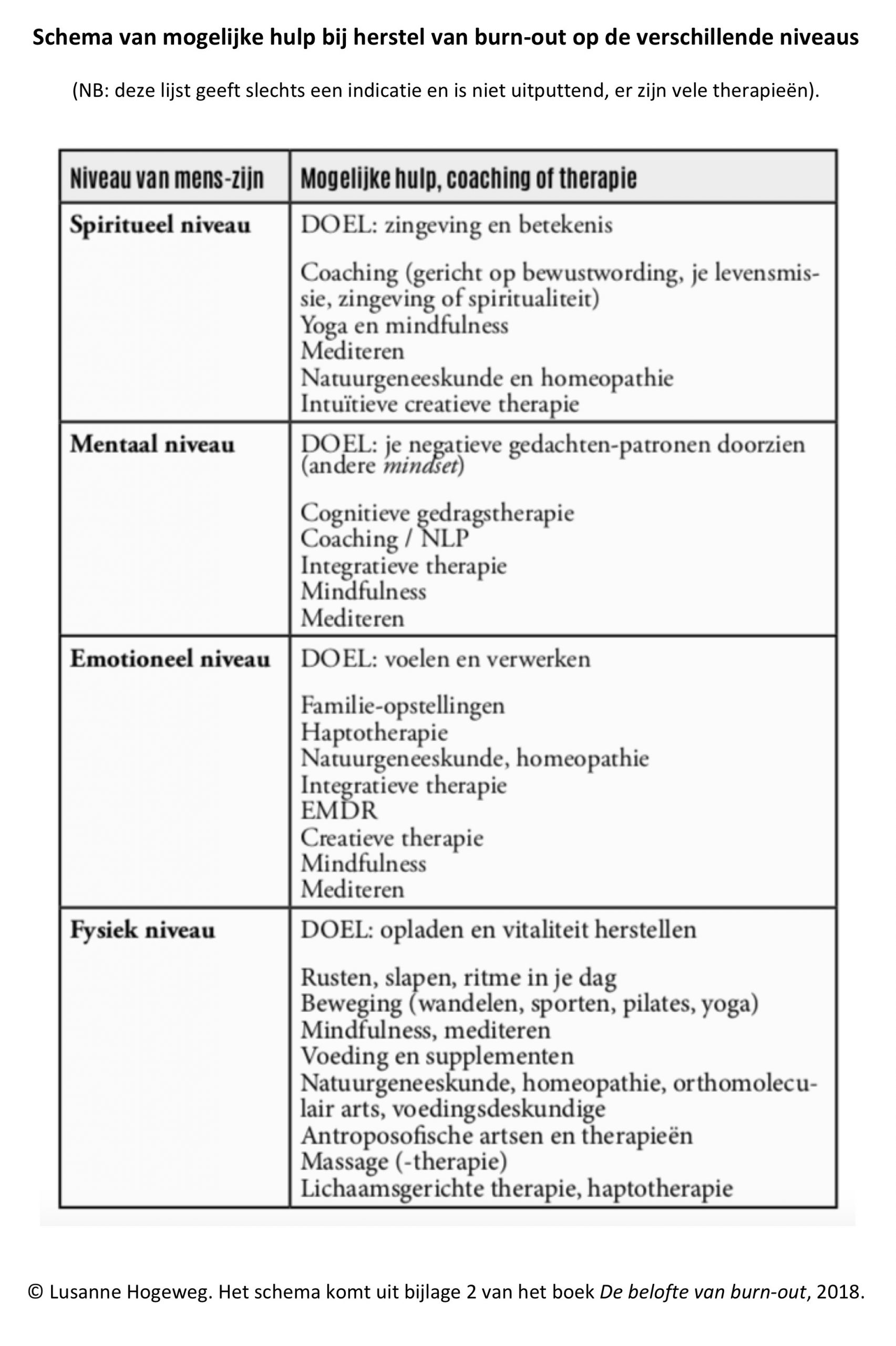 Schema mogelijke hulp bij herstel van burnout